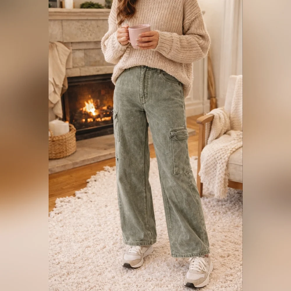 Tinseltown Green High Rise Wide Leg Cargo Pants Cozy Casual Chic Streetwear